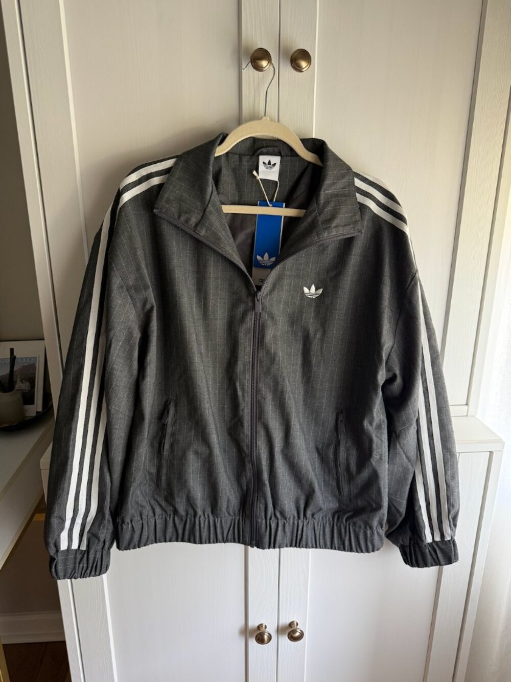 adidas Originals Gray Pinstripe Track Varsity Jacket with White Stripes - Picture 2 of 9